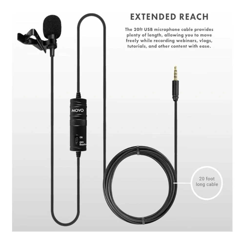 Movo LV1-USB Lavalier Microphone for Camera, Lapel iPhone & Android Smartphones